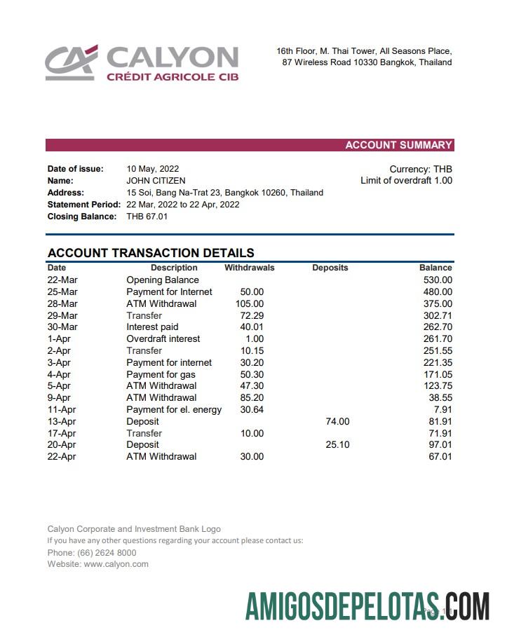 Exemplo de extrato bancário Calyon da Tailândia Xls
